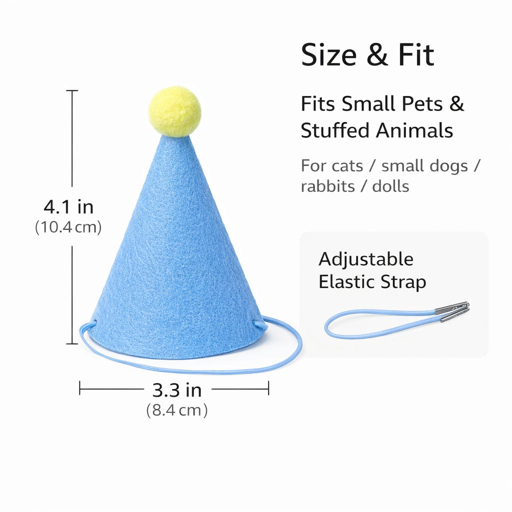 12PCS Mini Party Hats for Pets & Stuffed Animals, 6 Colors x2 Each, Felt Cone Birthday Hats with Adjustable Elastic Strap for Cats Small Dogs Rabbits Dolls