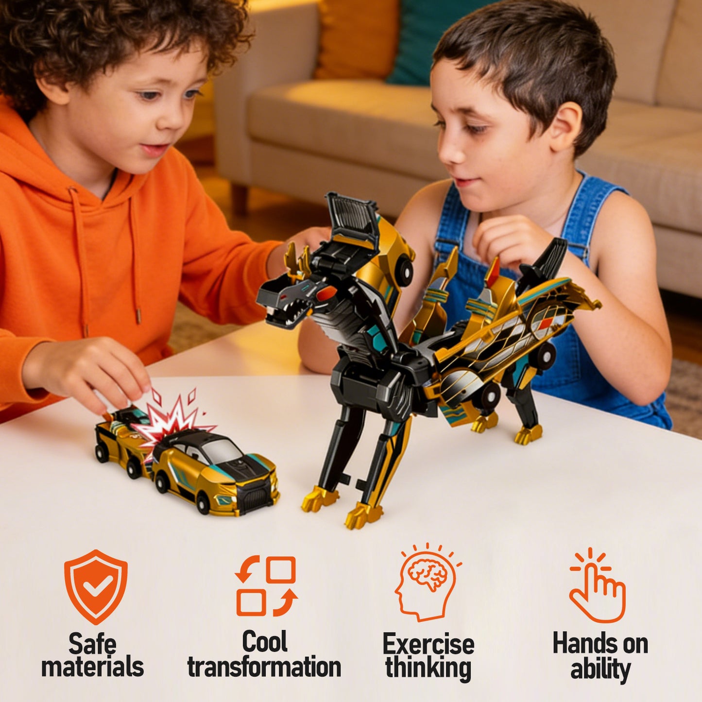 Magnetic Collision Transforming Dinosaur Car Toy Set, 2 Cars Combine into Winged Dino, No Battery, ABS Kids Toy, Ages 3+, Golden Dragon