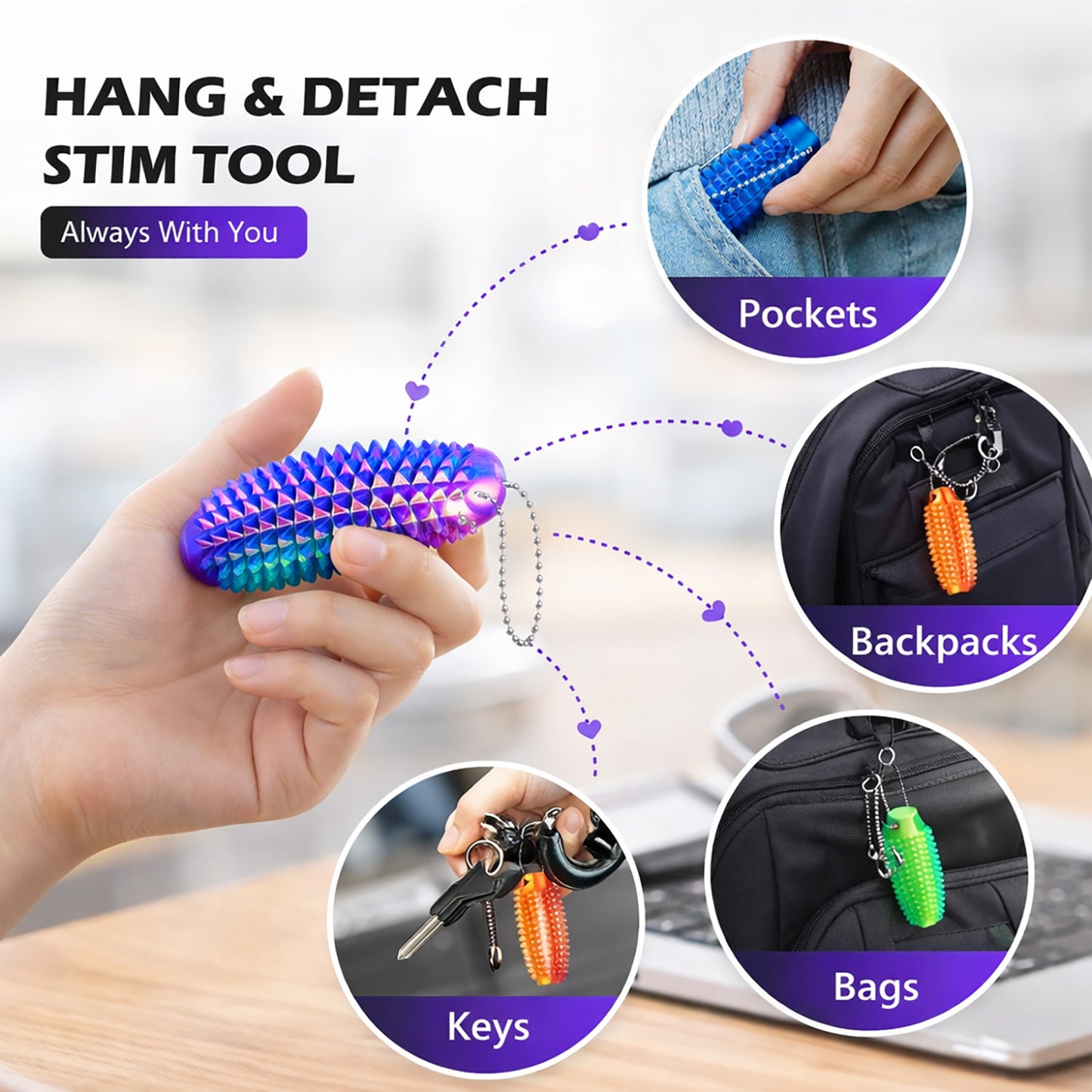 6 Pack Spiky Sensory Fidget Keychains, Textured Pocket Fidget Accessories for Adults Teens, Quiet Stress Relief for Focus and Restless Hands
