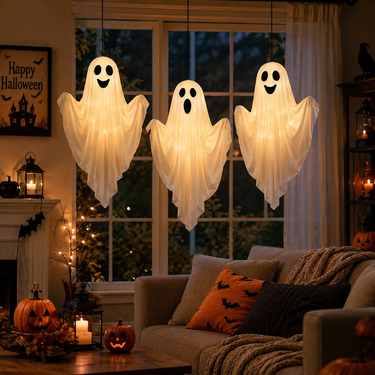 3 Pack Light Up Hanging Ghosts Halloween Decorations, 19.7 in Glowing Ghost Decor for Outdoor Indoor Yard, Tree, Lawn, Fireplace, Party Décor