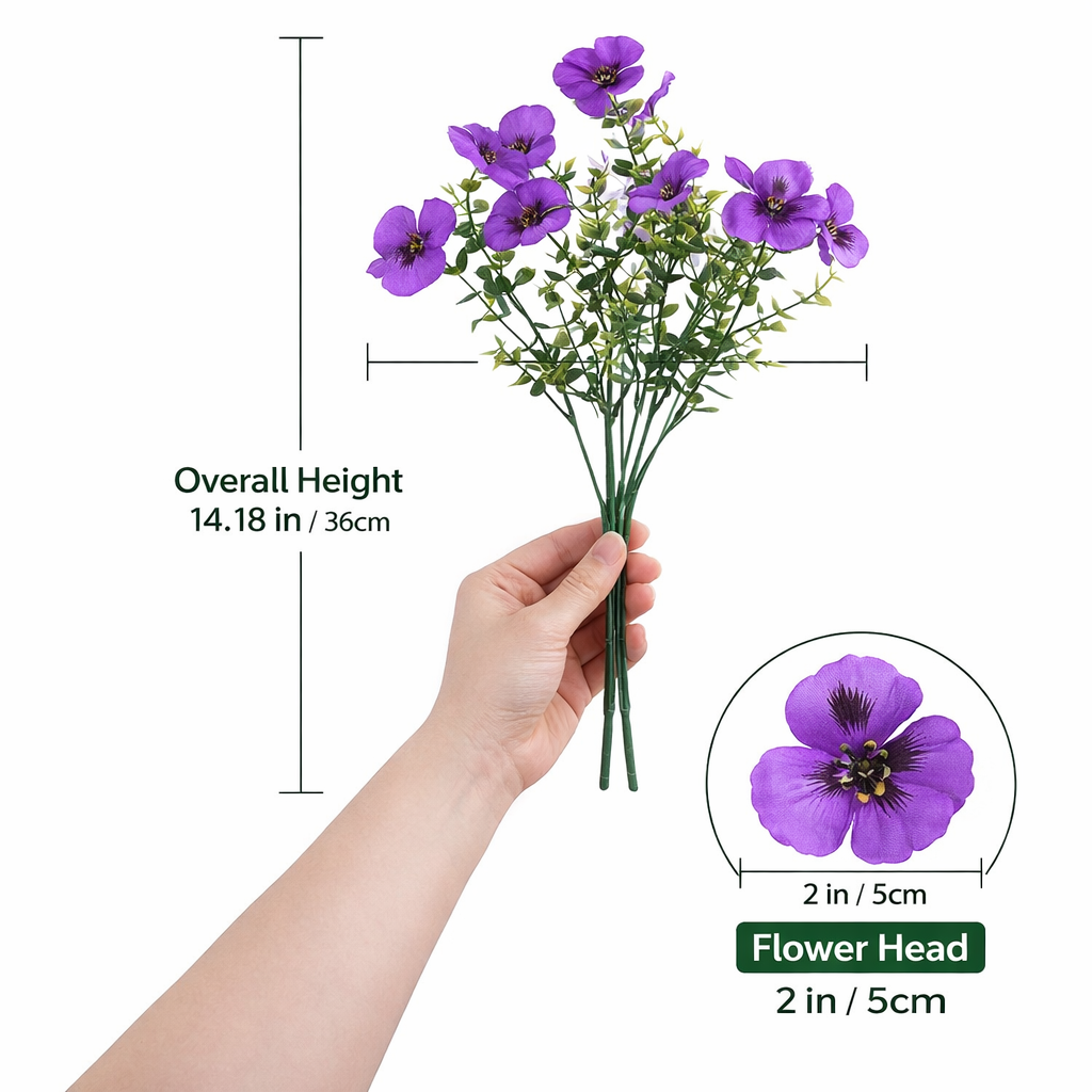Artificial Pansy Flowers Bouquets, 18 Pack (6 Purple/6 Yellow/6 White), Faux Silk Flowers for Indoor Outdoor Decor, Window Box Porch Planter Vase Centerpiece