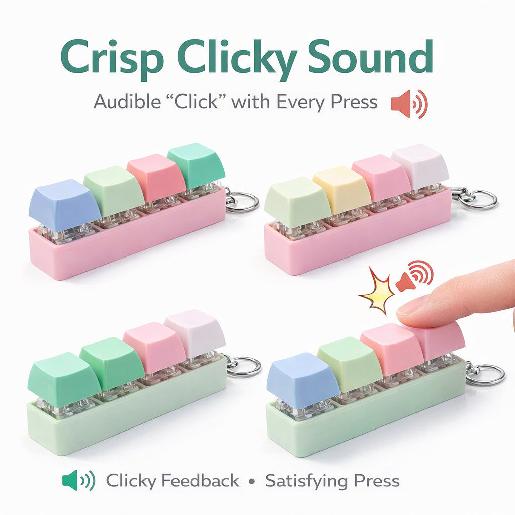 4 Pack Clicky Key Press Fidget Keychains, Mini 4-Key Keyboard Keycap Keychain Set, Assorted Colors, Clip-On Bag & Keys