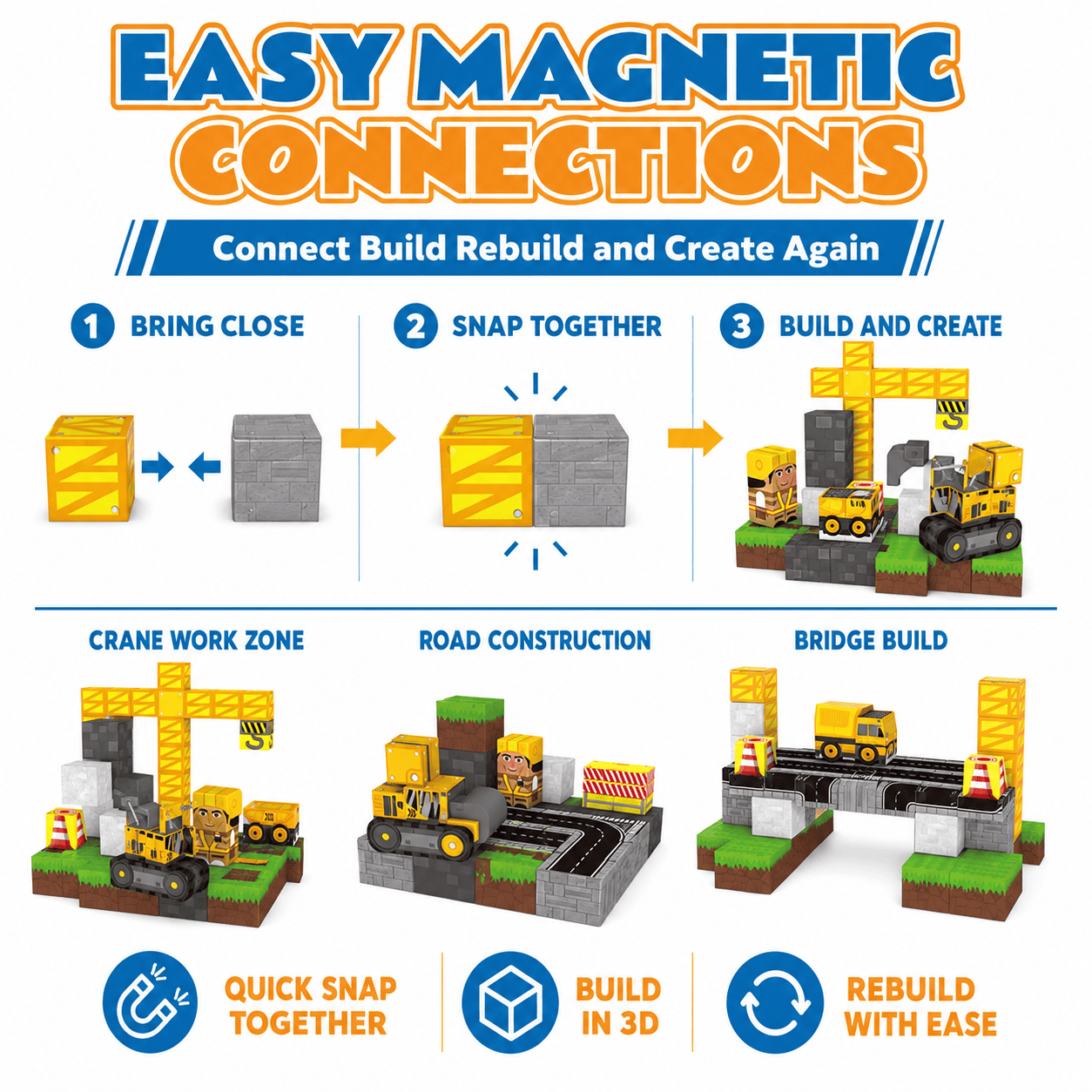 100 Piece Magnetic Building Blocks Set for Kids Construction Toy with Trucks and Roads STEM Building Cubes Birthday Gift for Boys Girls Ages 3+