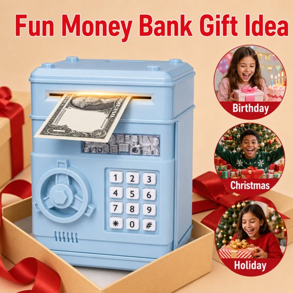 Kids Electronic Piggy Bank with Password Lock, Cash & Coins, Light Blue