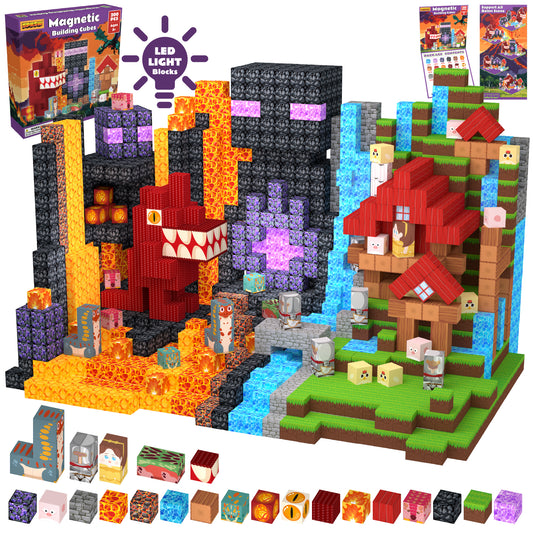 200-Piece Magnetic Blocks Set with Light-Up Accent Cubes, 22 Textured Designs, Fantasy STEM Building Toy, 0.8-Inch Mini Blocks, Ages 3+