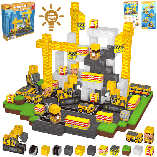 100 Piece Magnetic Building Blocks Set for Kids Construction Toy with Trucks and Roads STEM Building Cubes Birthday Gift for Boys Girls Ages 3+