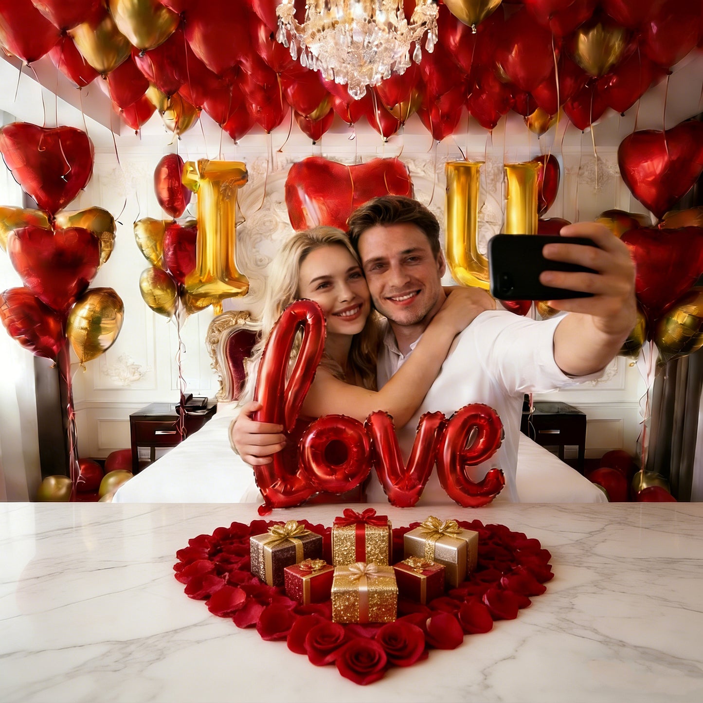 Love Balloon Decoration Kit, 59-Piece Romantic Room Decor Set with Heart Balloons and Rose Petals