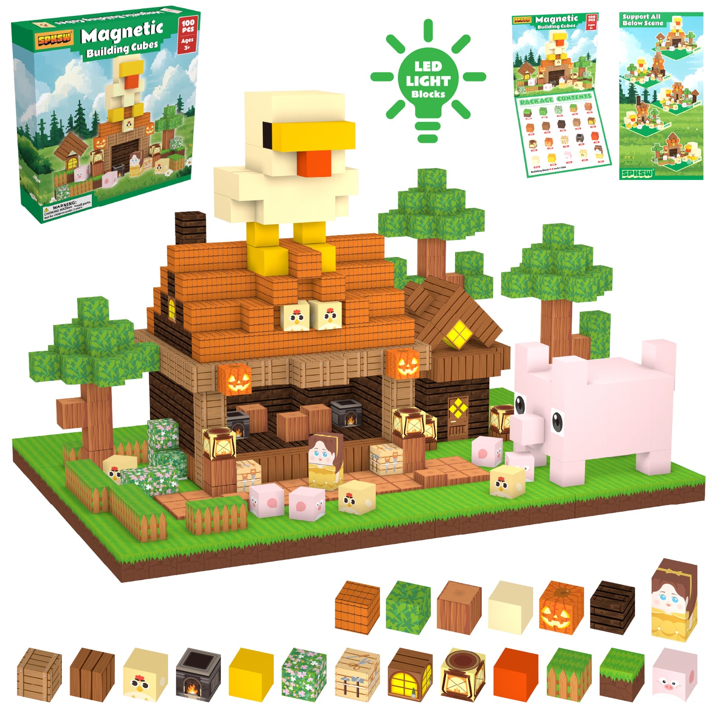 100-Piece Farmhouse Magnetic Blocks Set with Animals, Cottage and Pumpkin Lantern Pieces, 20 Designs, STEM Building Toy, 0.8-Inch Mini Cubes, Ages 3+