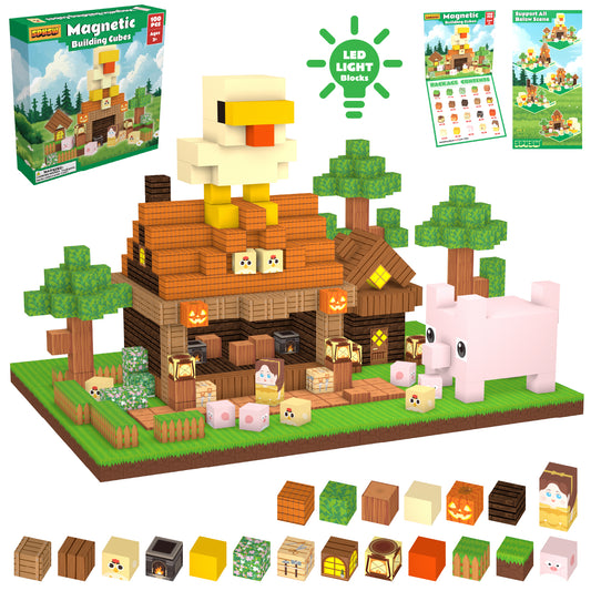 100-Piece Farmhouse Magnetic Blocks Set with Animals, Cottage and Pumpkin Lantern Pieces, 20 Designs, STEM Building Toy, 0.8-Inch Mini Cubes, Ages 3+
