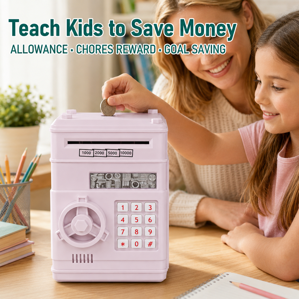 Kids Electronic Piggy Bank with Password Lock, Cash & Coins, Light Pink