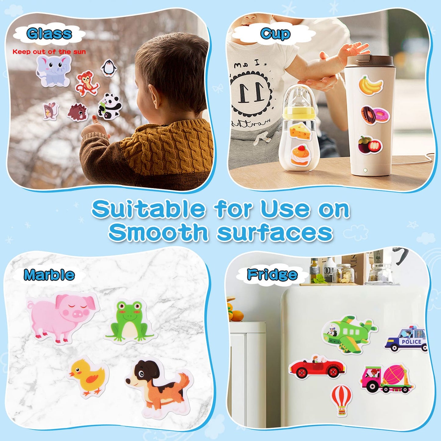 Reusable Sticker Books for Toddlers Ages 2+, 6 Pack Jelly Sticker Activity Books with Farm Vehicles Princess Animals Market Body Themes