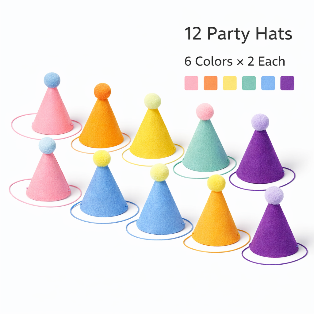 12PCS Mini Party Hats for Pets & Stuffed Animals, 6 Colors x2 Each, Felt Cone Birthday Hats with Adjustable Elastic Strap for Cats Small Dogs Rabbits Dolls
