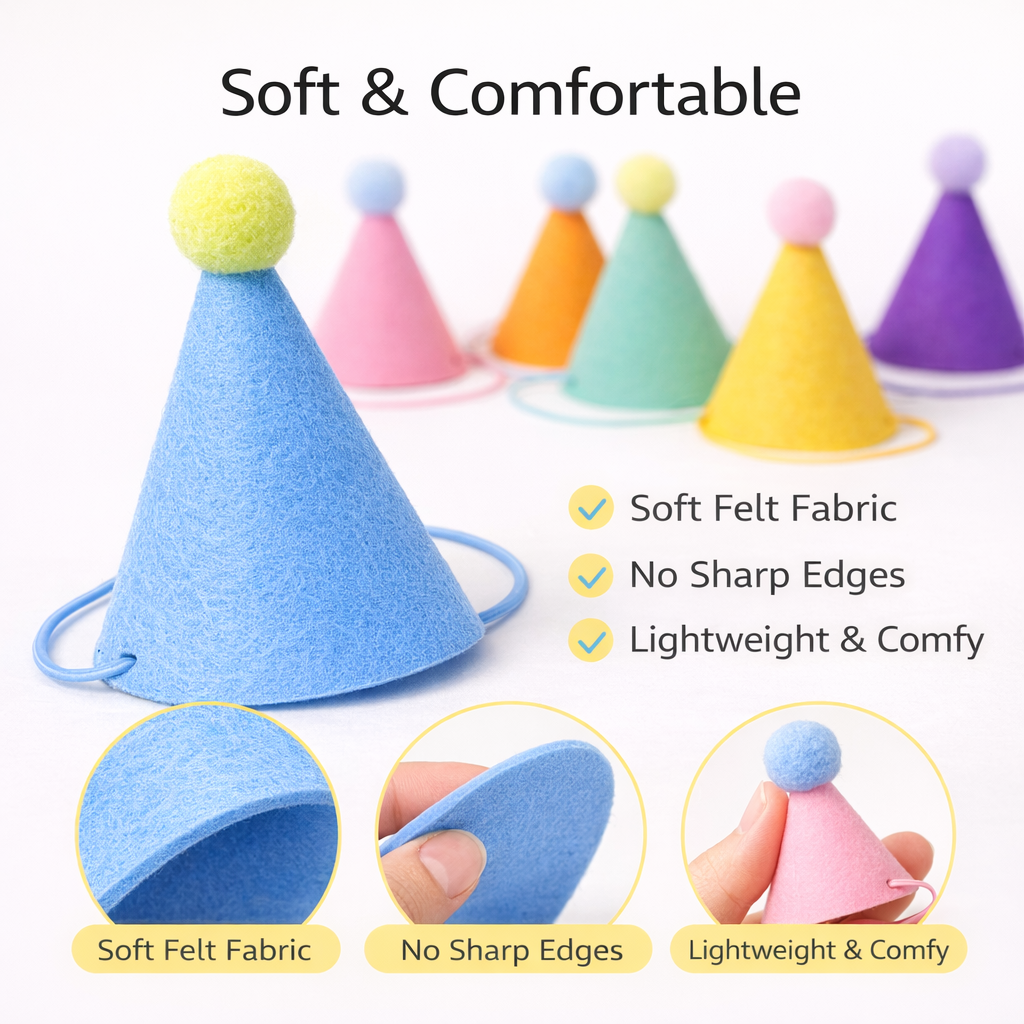 12PCS Mini Party Hats for Pets & Stuffed Animals, 6 Colors x2 Each, Felt Cone Birthday Hats with Adjustable Elastic Strap for Cats Small Dogs Rabbits Dolls