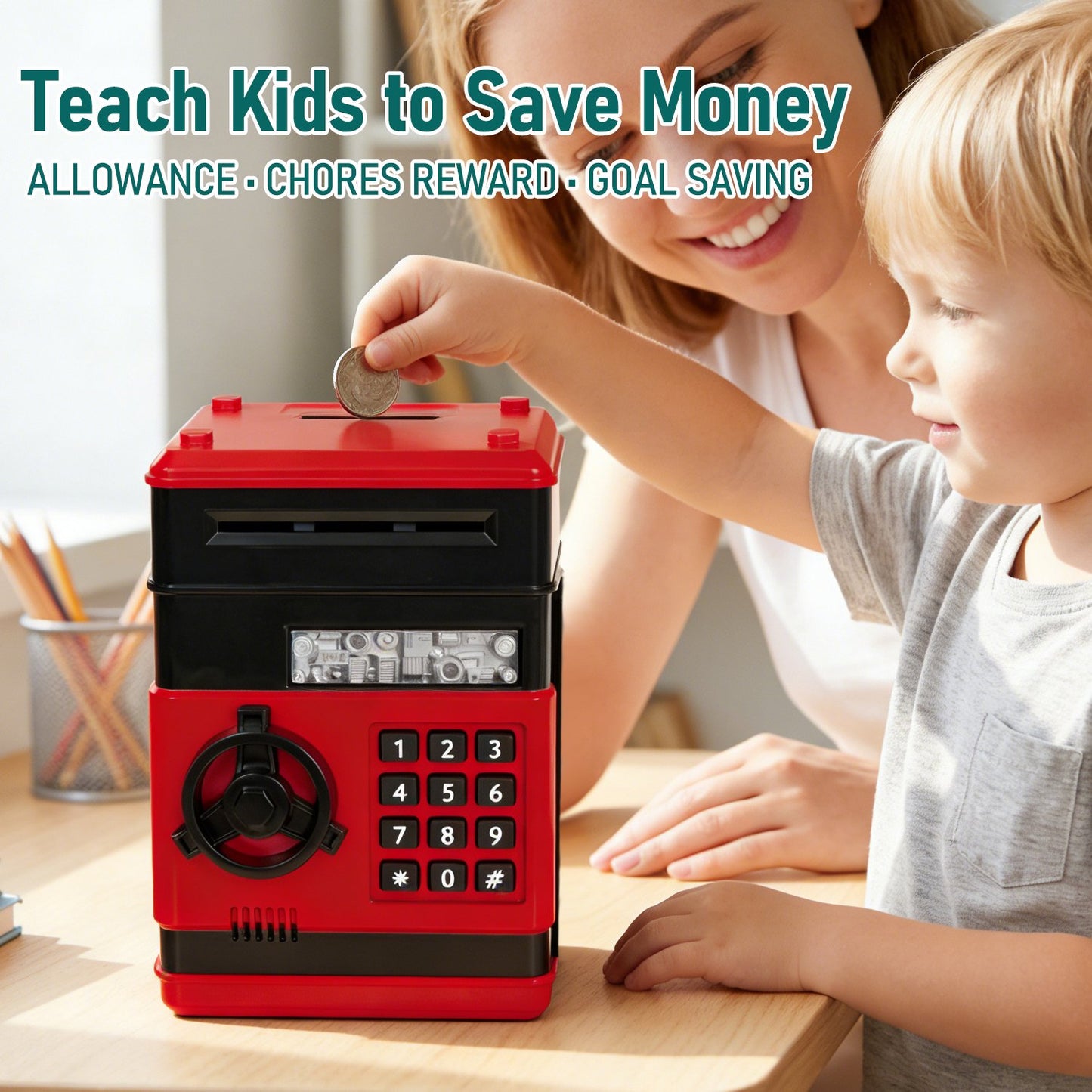 Kids Electronic Piggy Bank with Password Lock, Cash & Coins, Red Black