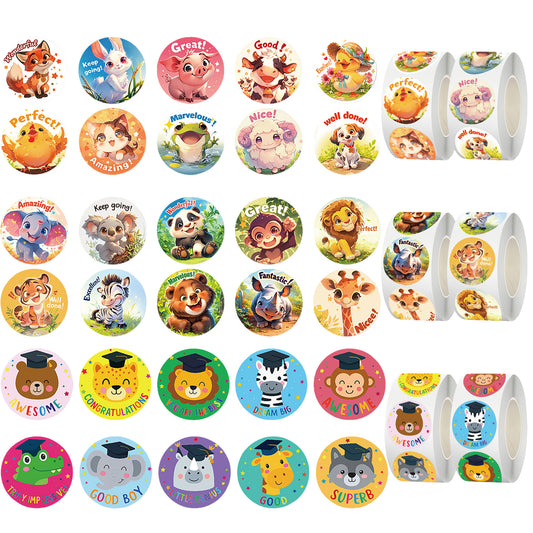 Kywib 3000PCS Reward Stickers for Teachers Classroom, 6 Rolls Cute Animal Motivational Stickers for Students, Homework, Charts and School Supplies