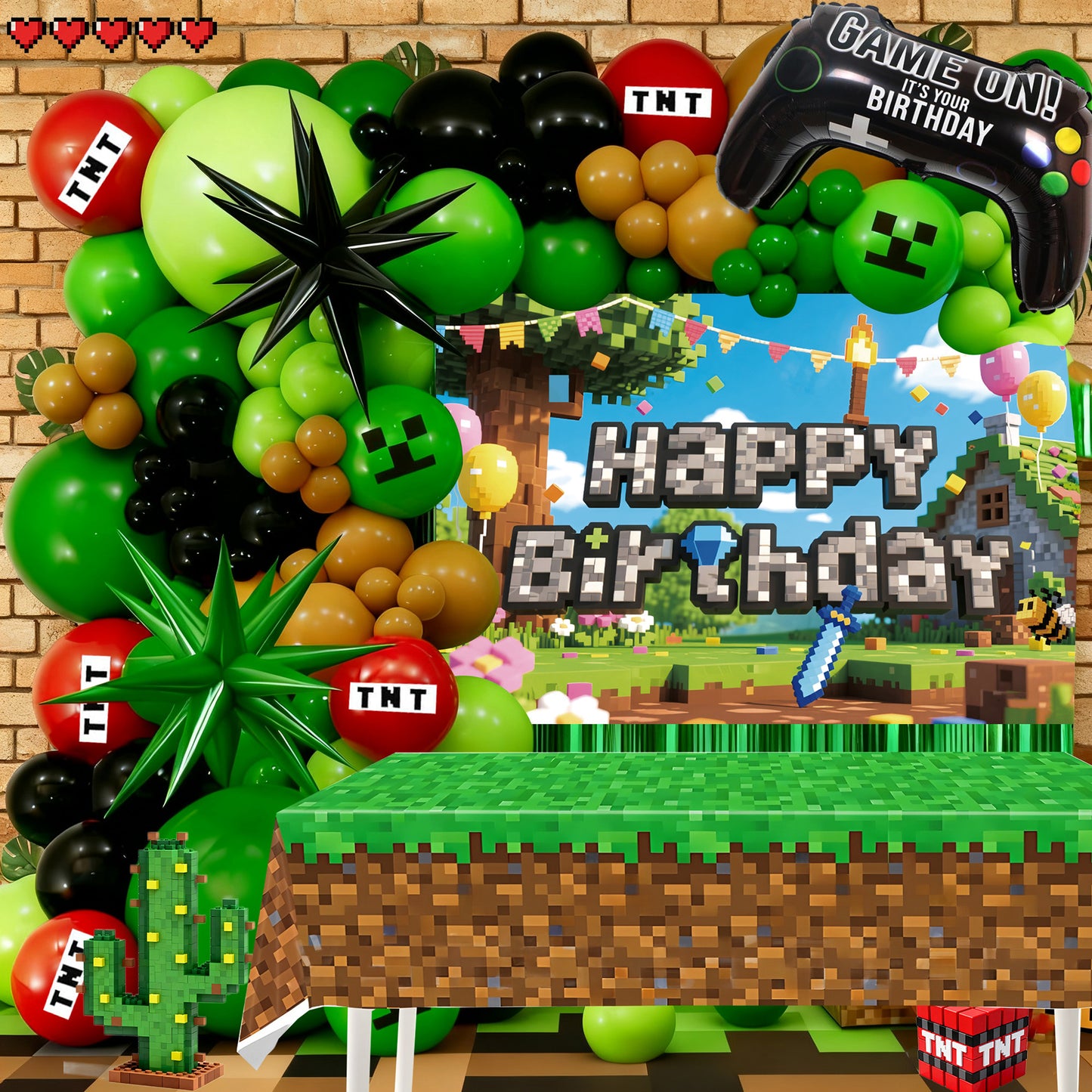Pixel Game Birthday Party Decorations for Boys, All in One Gamer Party Decor Kit with Balloons, Backdrop and Table Cover