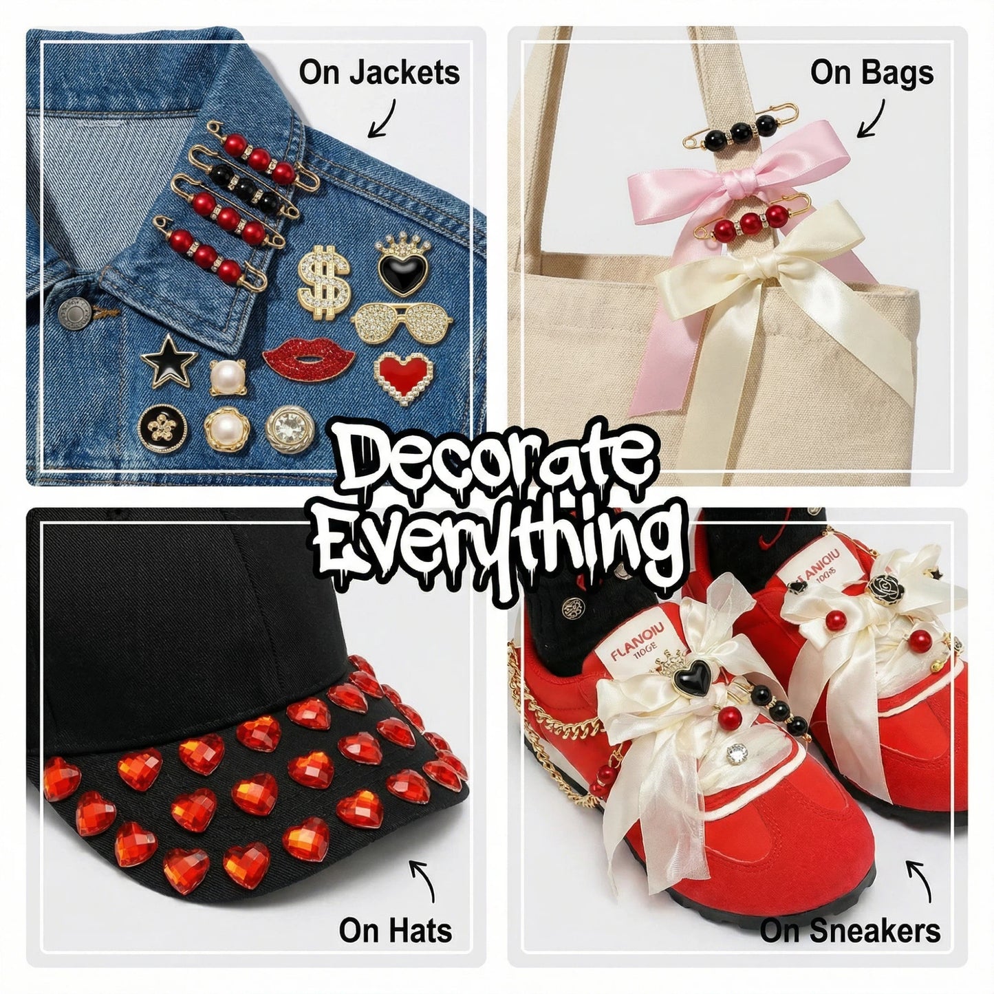 93PCS Red and Black Shoe Charms Set, Cool Streetwear Sneaker Decoration with Metal Chains, Cross Pins and Gothic Style Accessories for Adults Teens