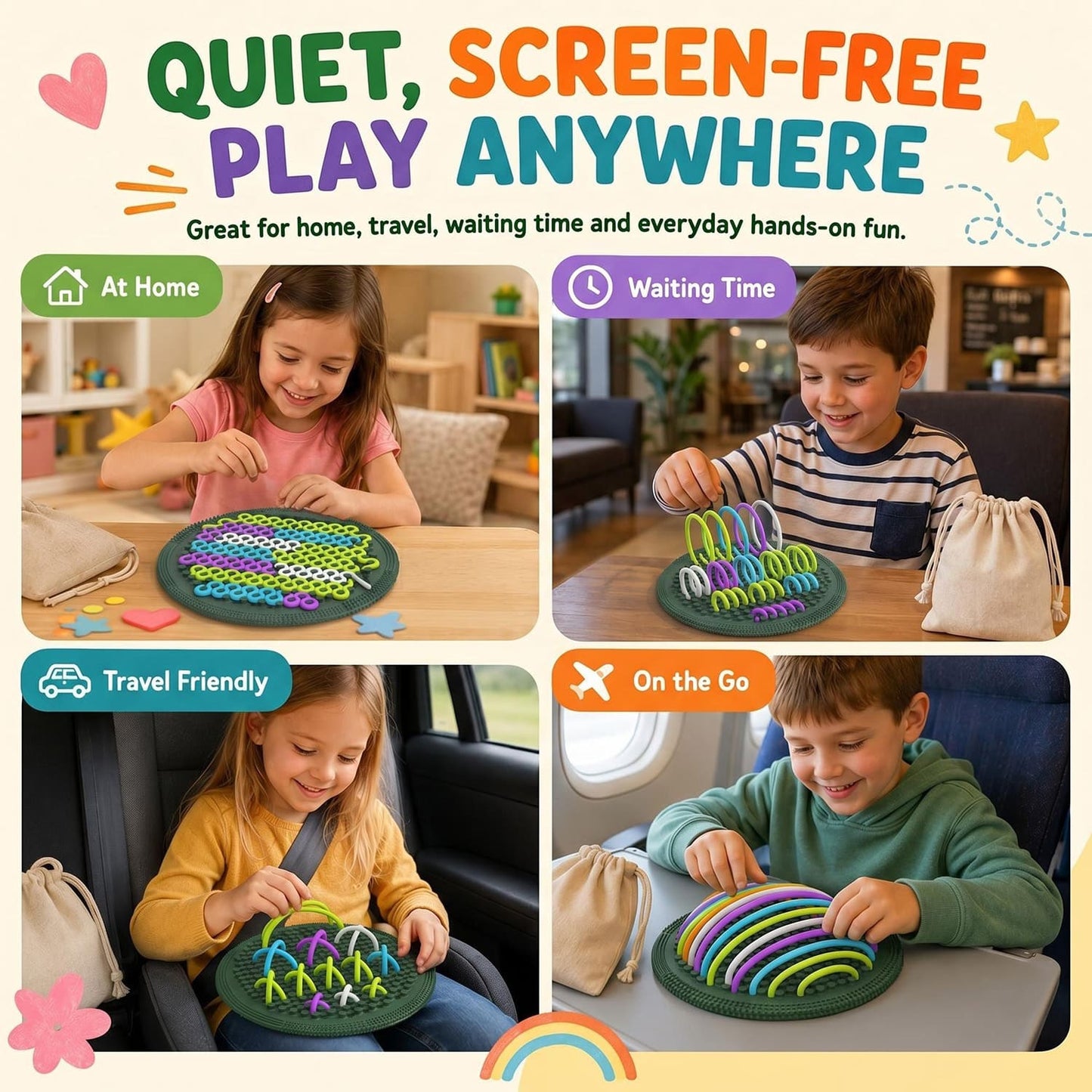 Sensory Board for Kids Ages 3+, Silicone String Activity Board with 25 Soft Strips, Quiet Travel Toy for Toddlers, Screen-Free Fine Motor Skills Toy with Storage Bag