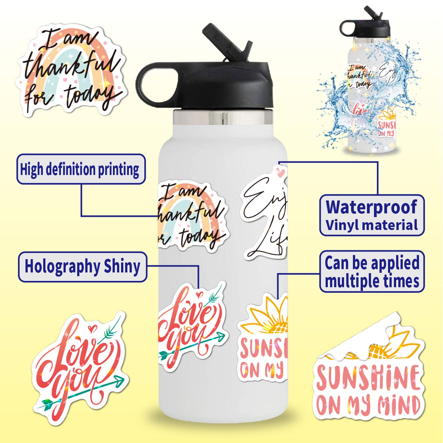 200pcs Holographic Motivational Stickers, Shiny Positive Affirmation Quote Vinyl Stickers, Waterproof Inspirational Stickers for Kids Teachers Students, Scrapbook Stickers for Water Bottles Laptop