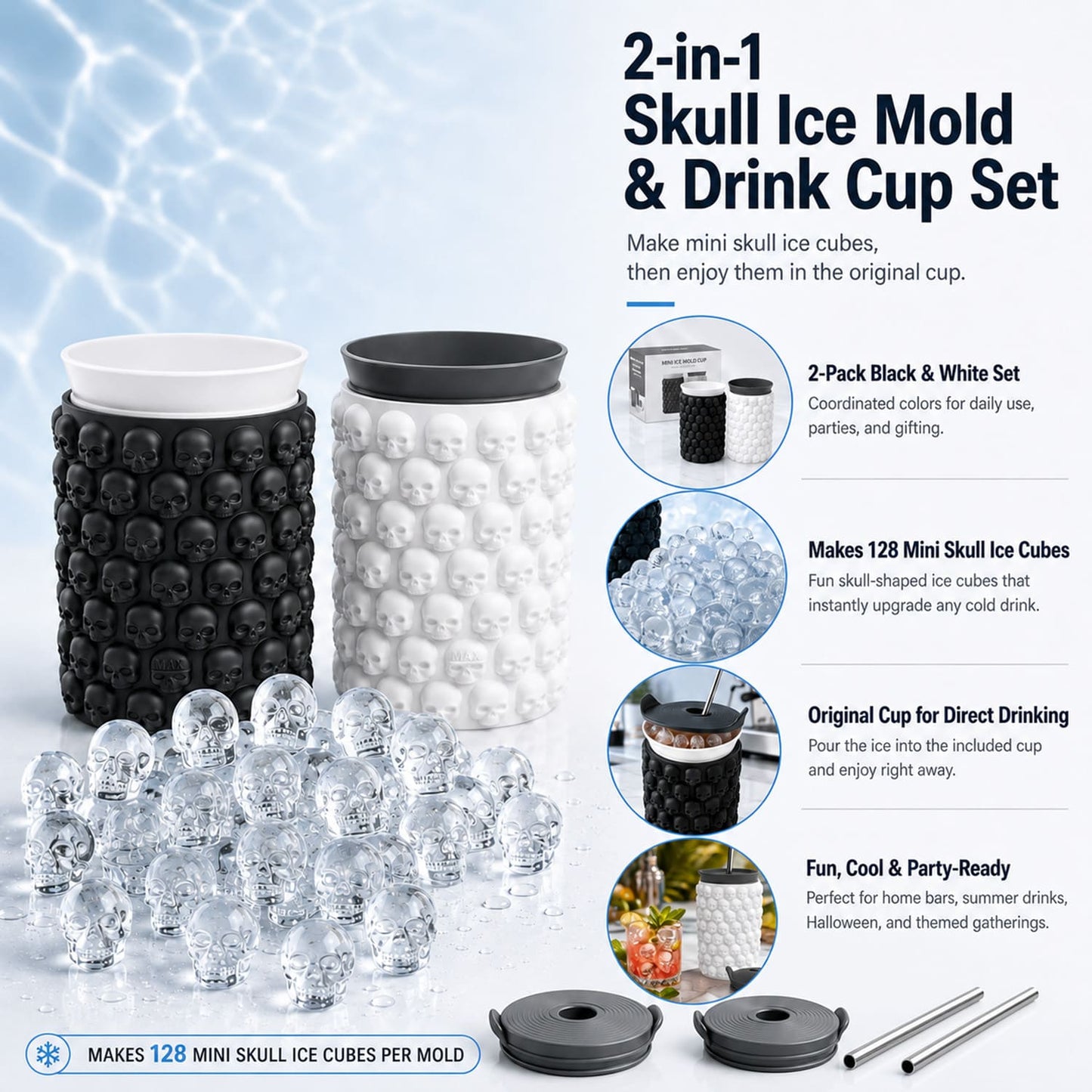 2-Pack Skull Ice Cube Mold Cup Set, 128 Mini Skull Ice Tray with Lid & Straw, Silicone Halloween Cocktail Ice Mold for Whiskey, Coffee & Party Drinks
