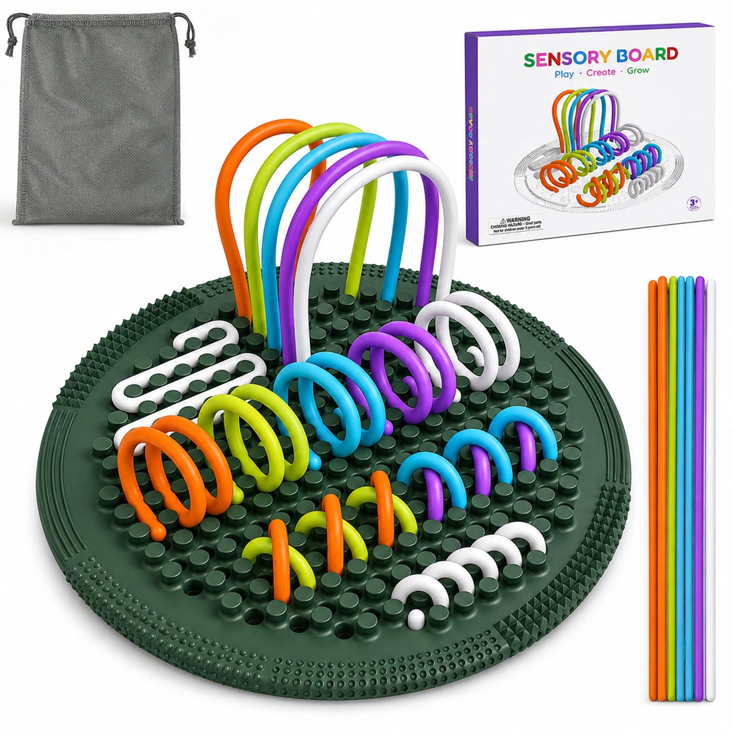 Sensory Board for Kids Ages 3+, Silicone String Activity Board with 25 Soft Strips, Quiet Travel Toy for Toddlers, Screen-Free Fine Motor Skills Toy with Storage Bag
