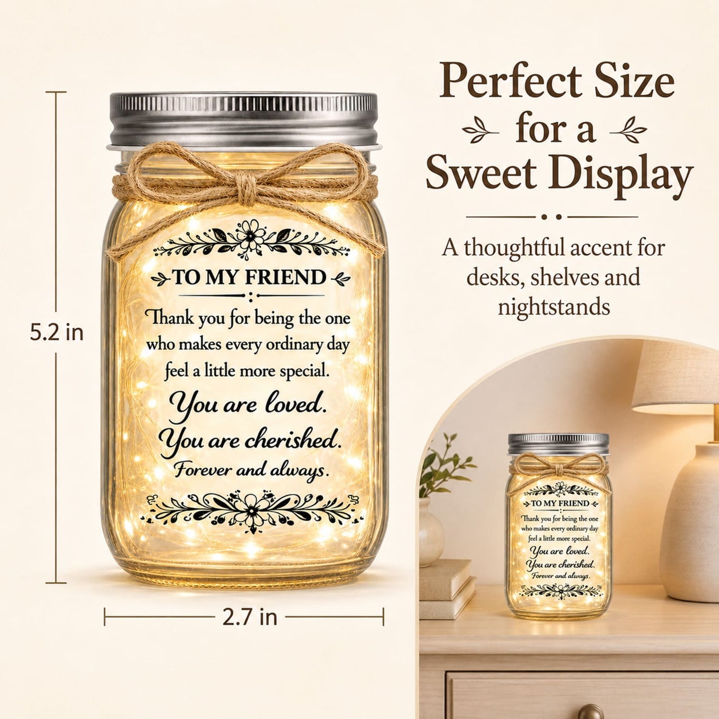 Friendship Gifts for Women, Mason Jar Night Light for Best Friend with Warm LED Fairy Lights, Inspirational Birthday Thank You Gift for Her