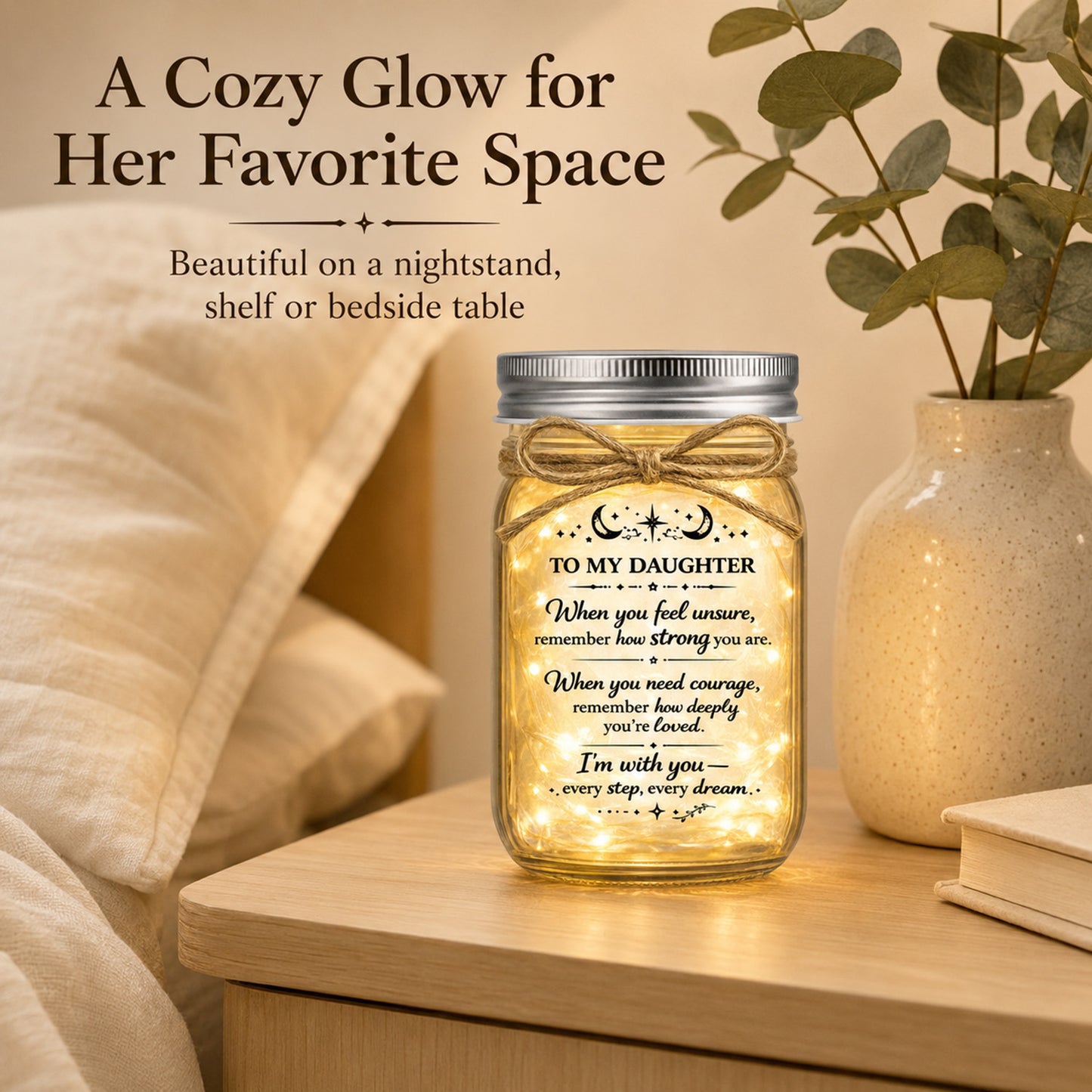 Daughter Gift Mason Jar Night Light, 5.2" Glass Jar with 20 Warm LED Fairy Lights, Inspirational Message Decor for Bedroom Desk Dorm, Birthday Graduation Christmas Gift from Mom Dad