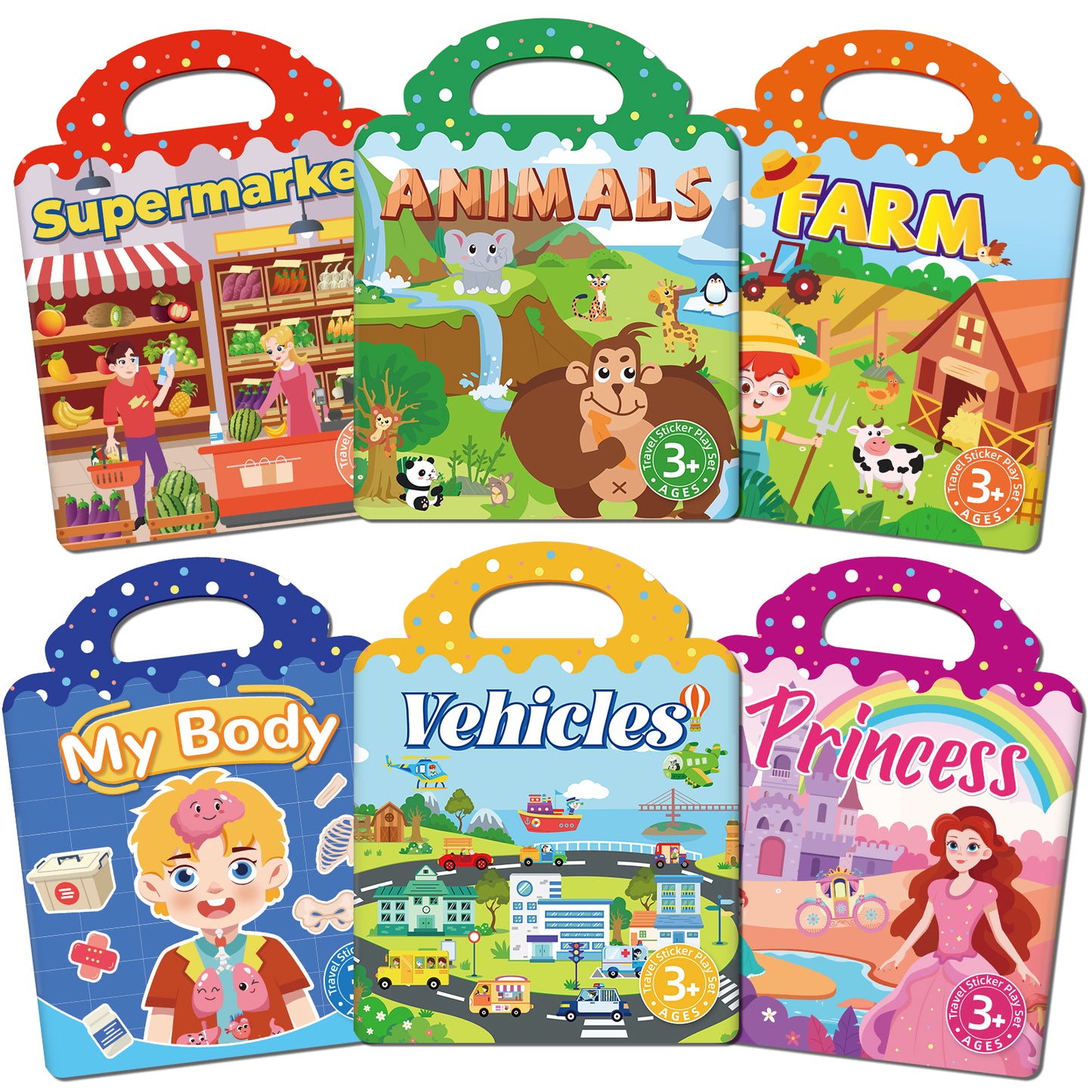 Reusable Sticker Books for Toddlers Ages 2+, 6 Pack Jelly Sticker Activity Books with Farm Vehicles Princess Animals Market Body Themes