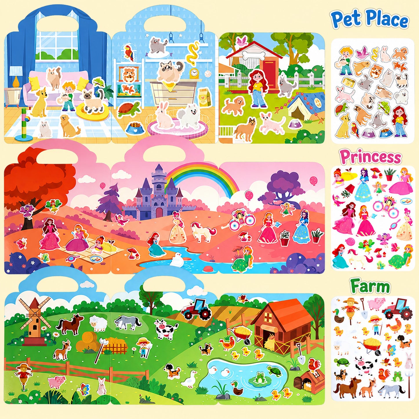 Kywib Reusable Sticker Books for Kids Ages 3+, 6 Pack Jelly Sticker Activity Books, Princess & Pretend Play Themes
