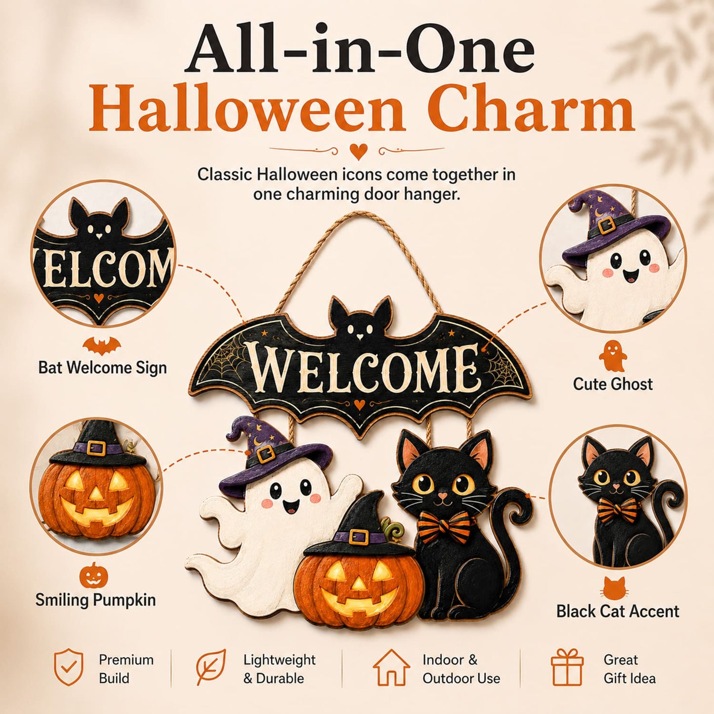 Halloween Wooden Door Sign, 15.7 Inch Bat Welcome Door Hanger with Ghost Pumpkin Black Cat, Cute Halloween Front Door Porch Wall Decor