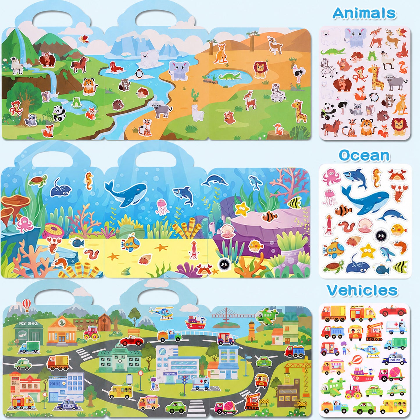 Kywib Reusable Sticker Books for Kids Ages 3+, 6 Pack Jelly Sticker Activity Books, Dinosaur, Space, Ocean and Vehicles Themes