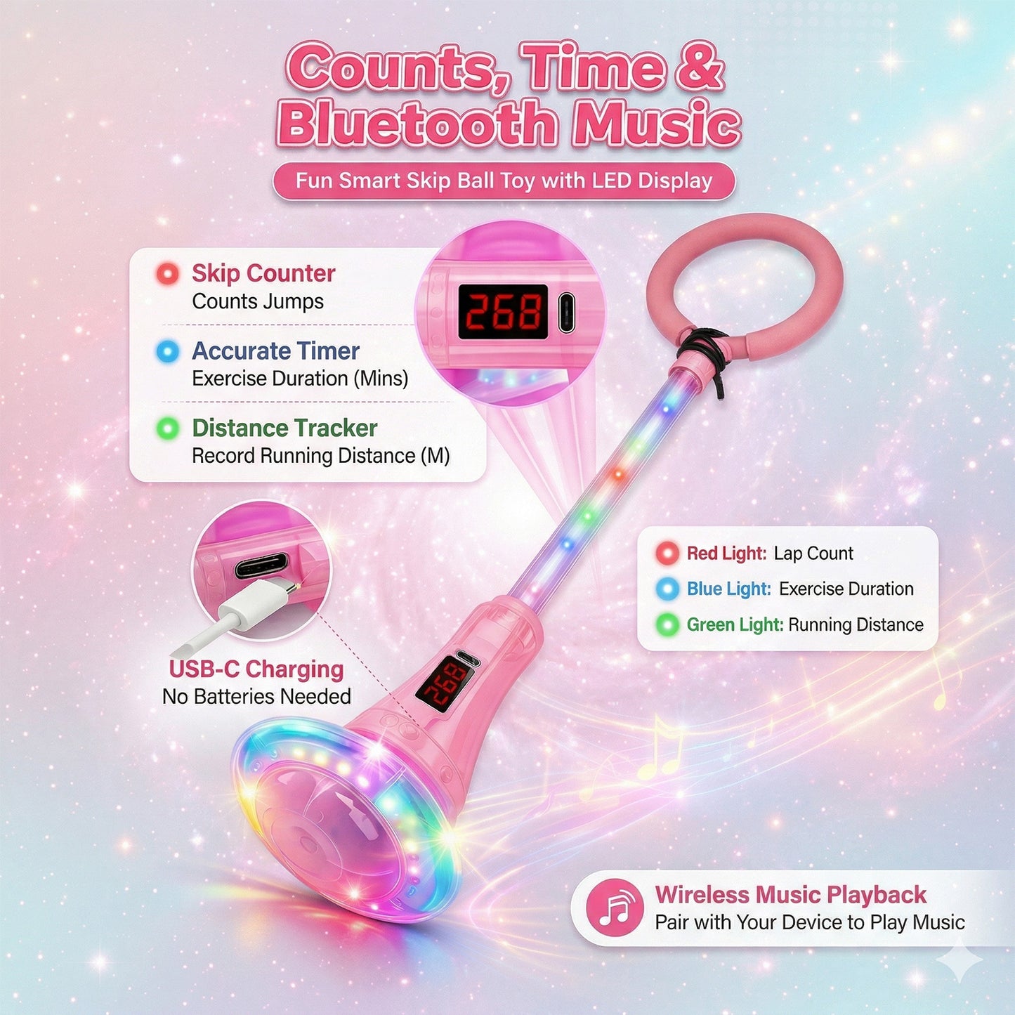 Kywib Smart Skip Ball with Bluetooth Music & LED Counter, Foldable Ankle Skip Toy for Kids, Birthday Gifts for Girls & Boys Age 5-12, Outdoor Active Game,Pink