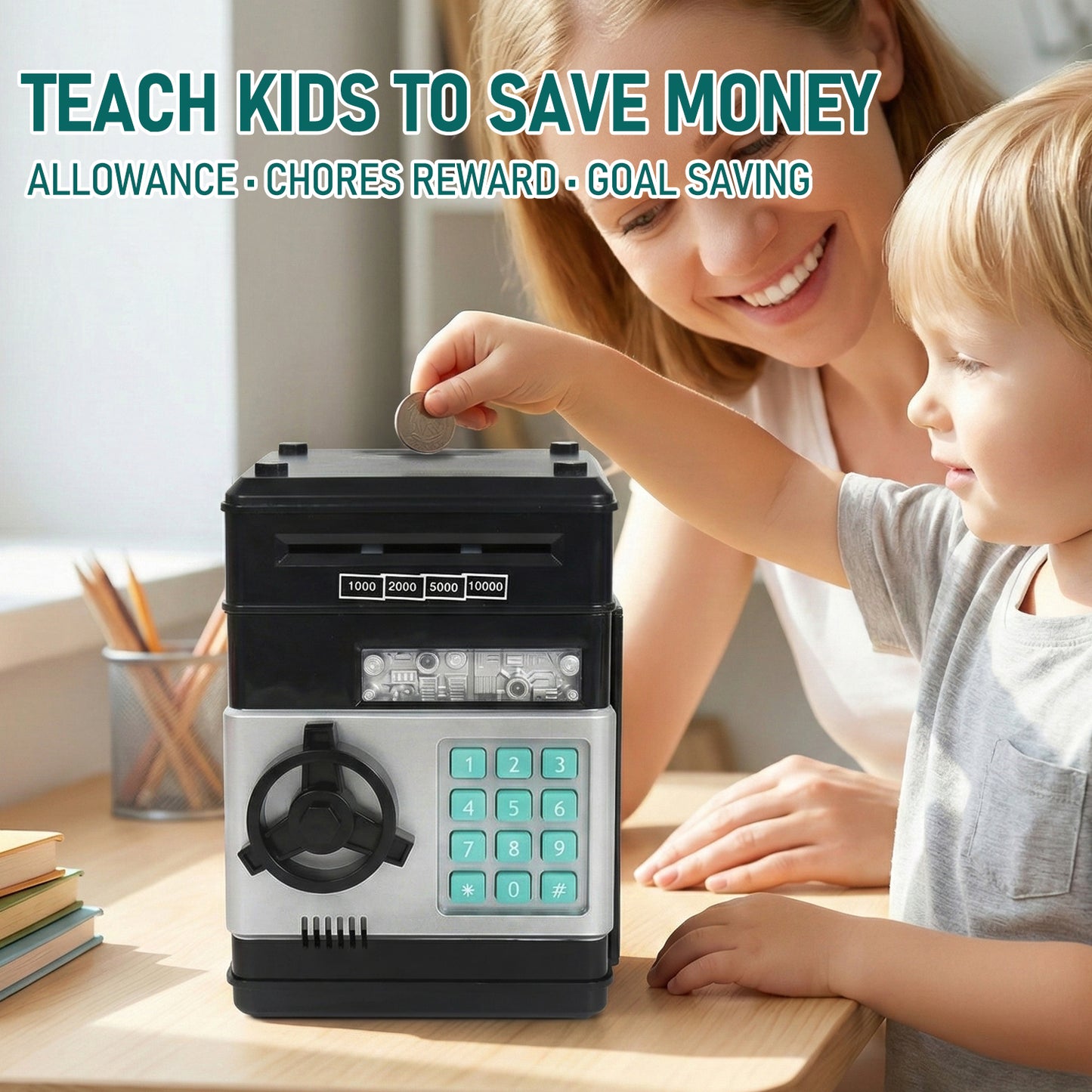 Kids Electronic Piggy Bank with Password Lock, Cash & Coins, Black