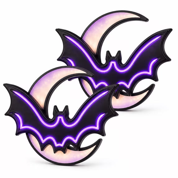 2 Pack Halloween Bat Moon Lights, Battery Operated Purple LED Hanging Decorations, Light Up Window Wall Decor for Indoor Covered Porch