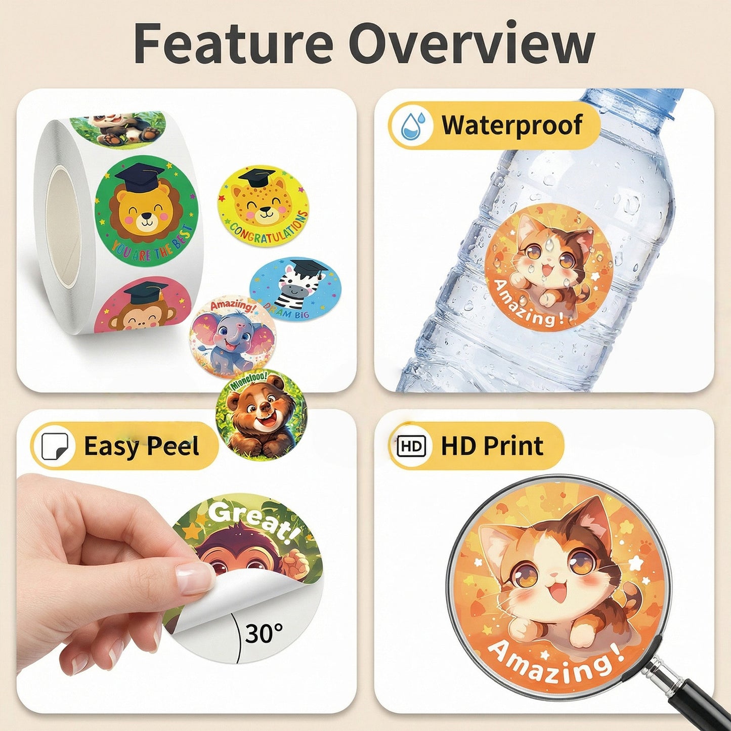 Kywib 3000PCS Reward Stickers for Teachers Classroom, 6 Rolls Cute Animal Motivational Stickers for Students, Homework, Charts and School Supplies