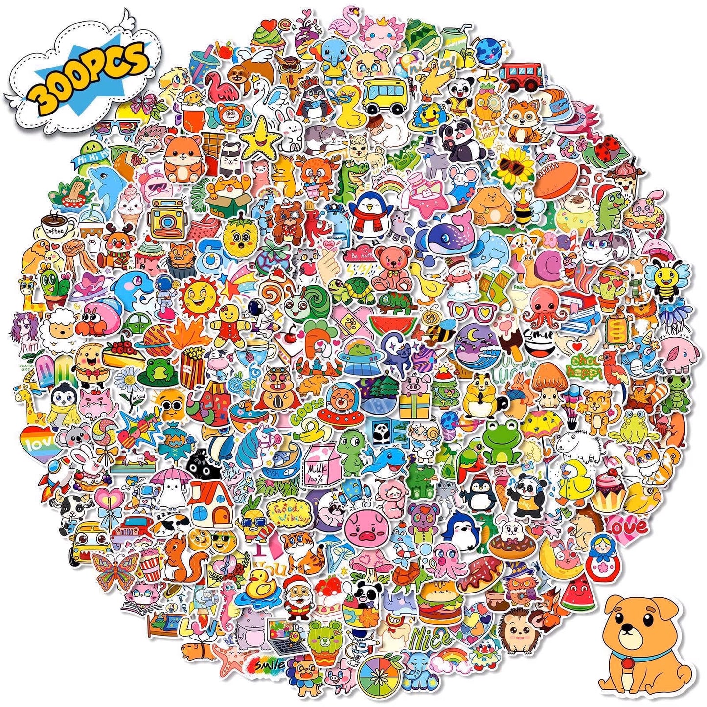 Kywib 300pcs Cute Cartoon Stickers for Kids & Teens, Waterproof Vinyl Stickers for Journals, Scrapbooks, Gift Wrapping, Laptops, Water Bottles