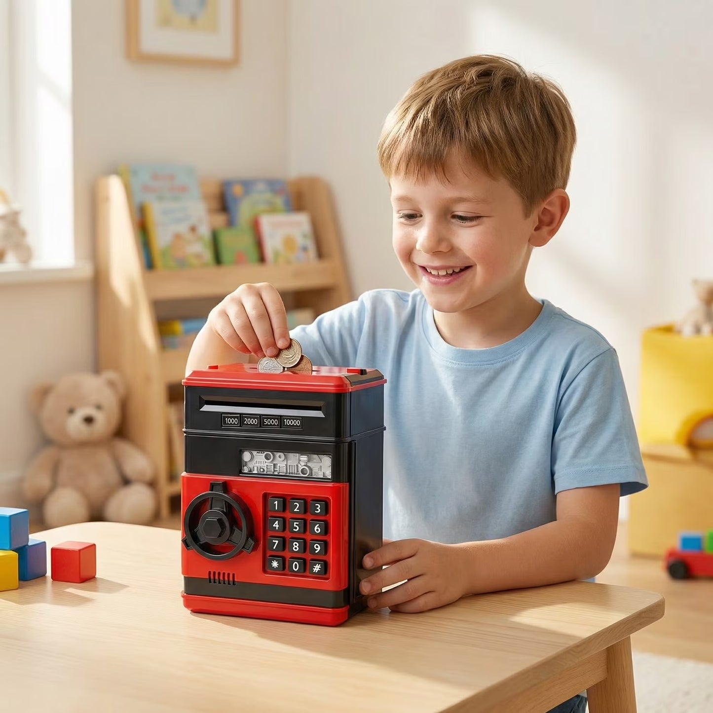 Kids Electronic Piggy Bank with Password Lock, Cash & Coins, Red Black
