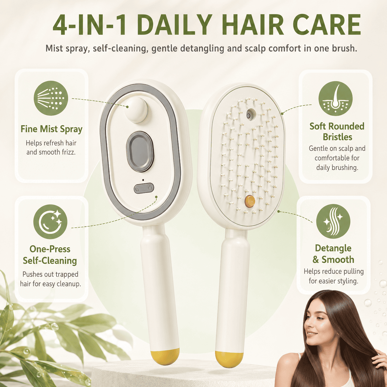 Electric Mist Spray Hair Brush, Self-Cleaning Air Cushion Massage Comb, Rechargeable Detangling Brush for Frizz Control, Wet & Dry Hair