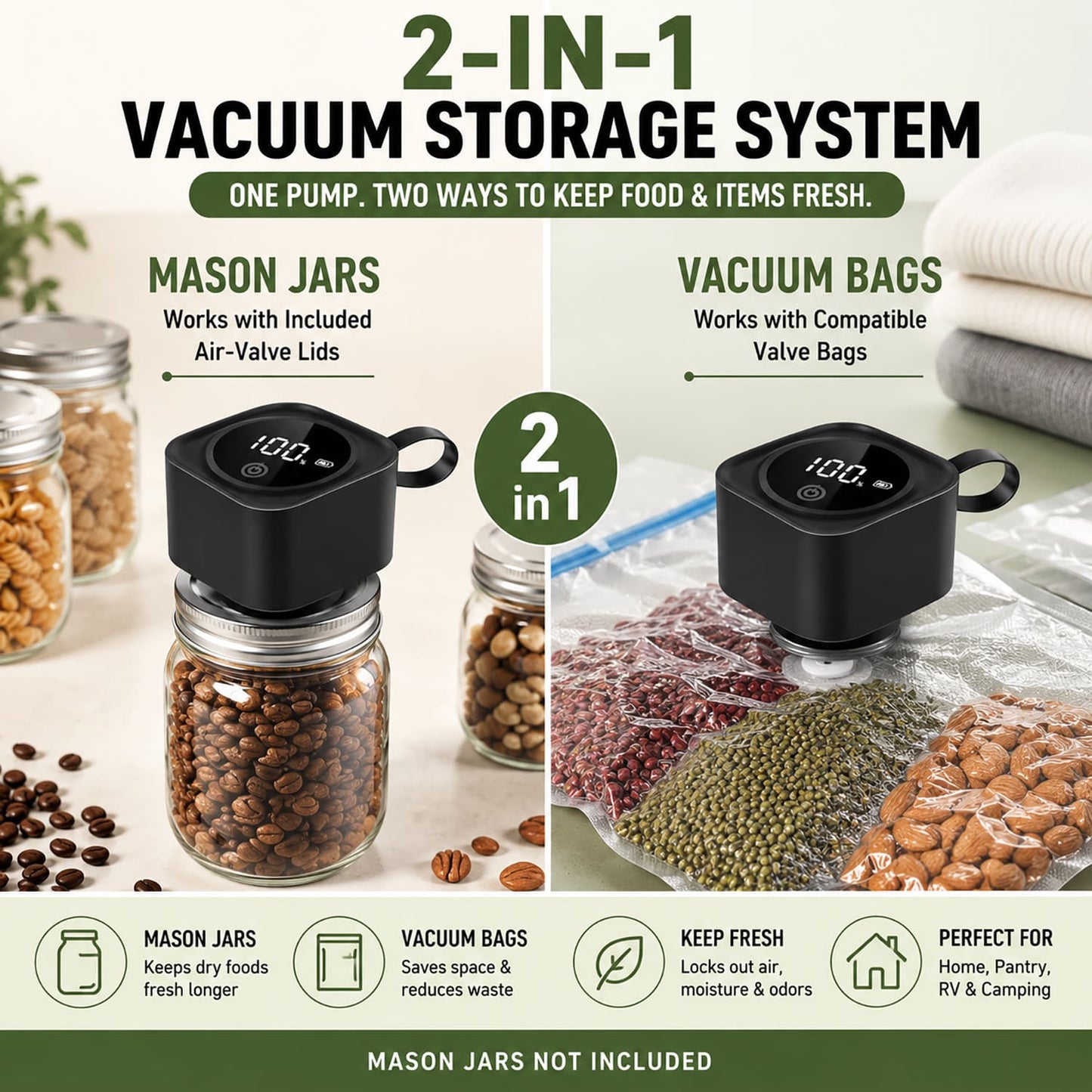 Electric Mason Jar Vacuum Sealer Kit, One-Button Vacuum Sealing for Wide & Regular Mouth Mason Jars, USB Rechargeable, Includes 5 Wide-Mouth Lids, 5 Regular-Mouth Lids & Type-C Cable, Black