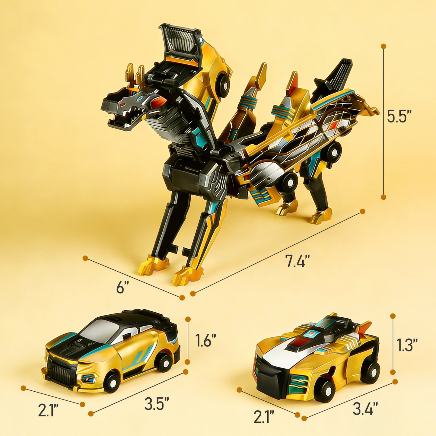 Magnetic Collision Transforming Dinosaur Car Toy Set, 2 Cars Combine into Winged Dino, No Battery, ABS Kids Toy, Ages 3+, Golden Dragon