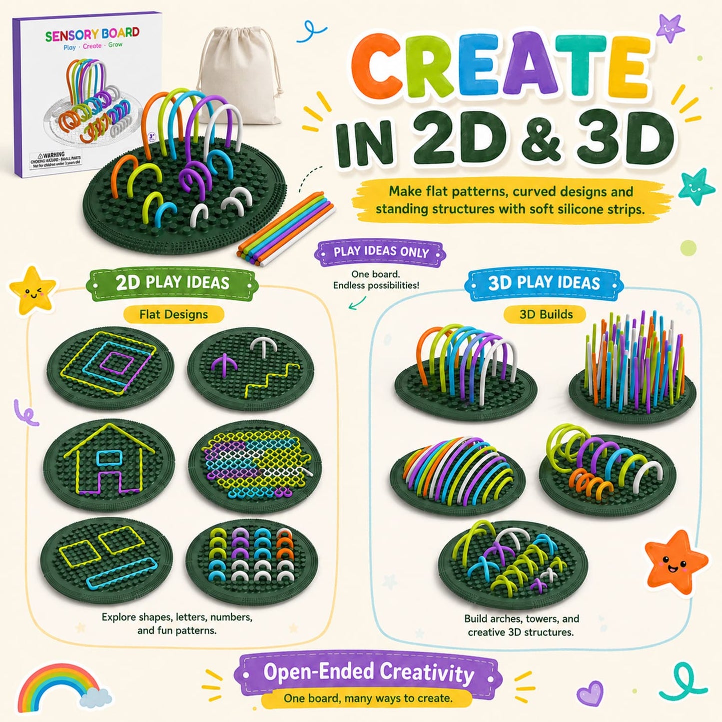 Sensory Board for Kids Ages 3+, Silicone String Activity Board with 25 Soft Strips, Quiet Travel Toy for Toddlers, Screen-Free Fine Motor Skills Toy with Storage Bag