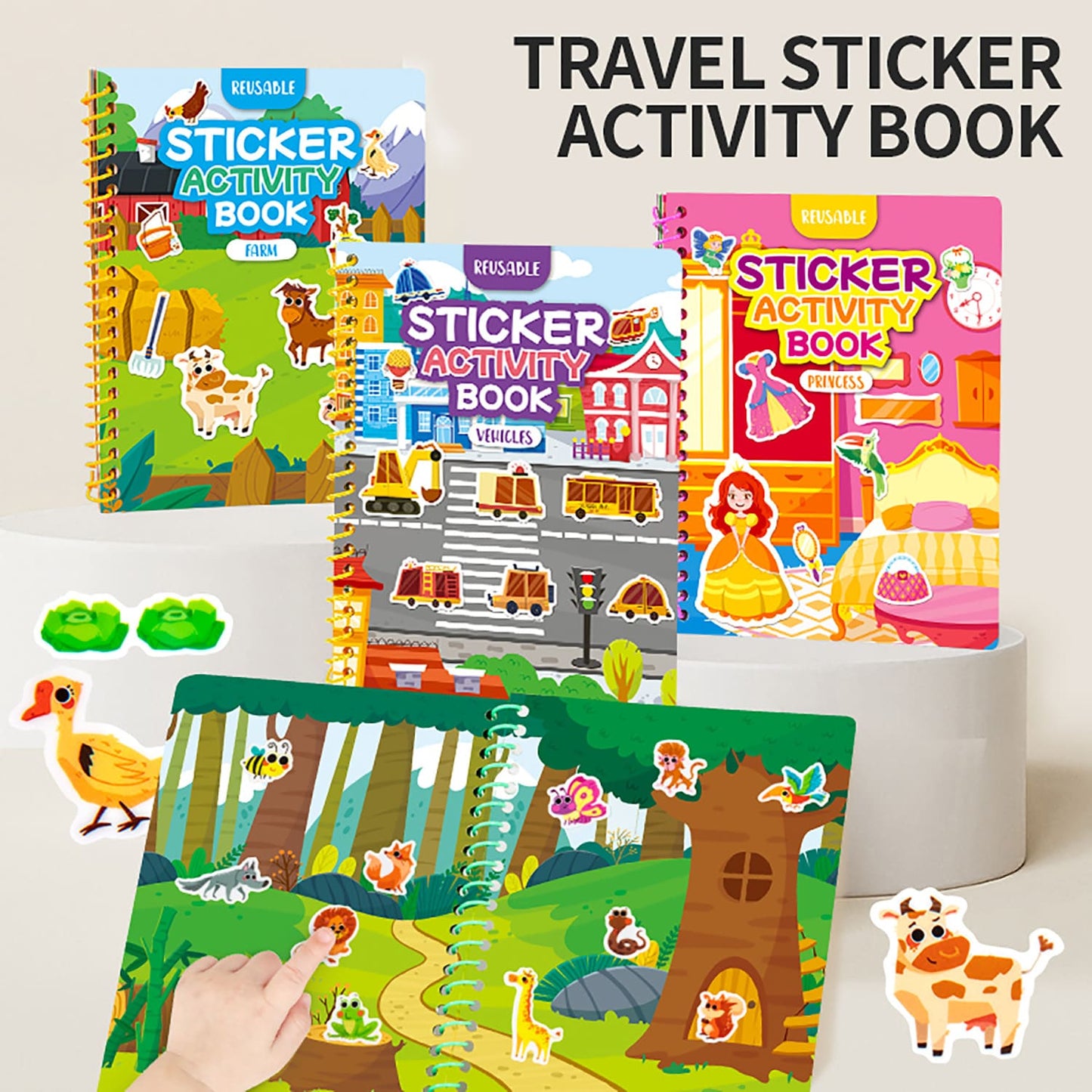 Reusable Sticker Activity Book Set for Kids Ages 3+ | 4 Educational Themes | Travel-Friendly Hands-On Activity Book