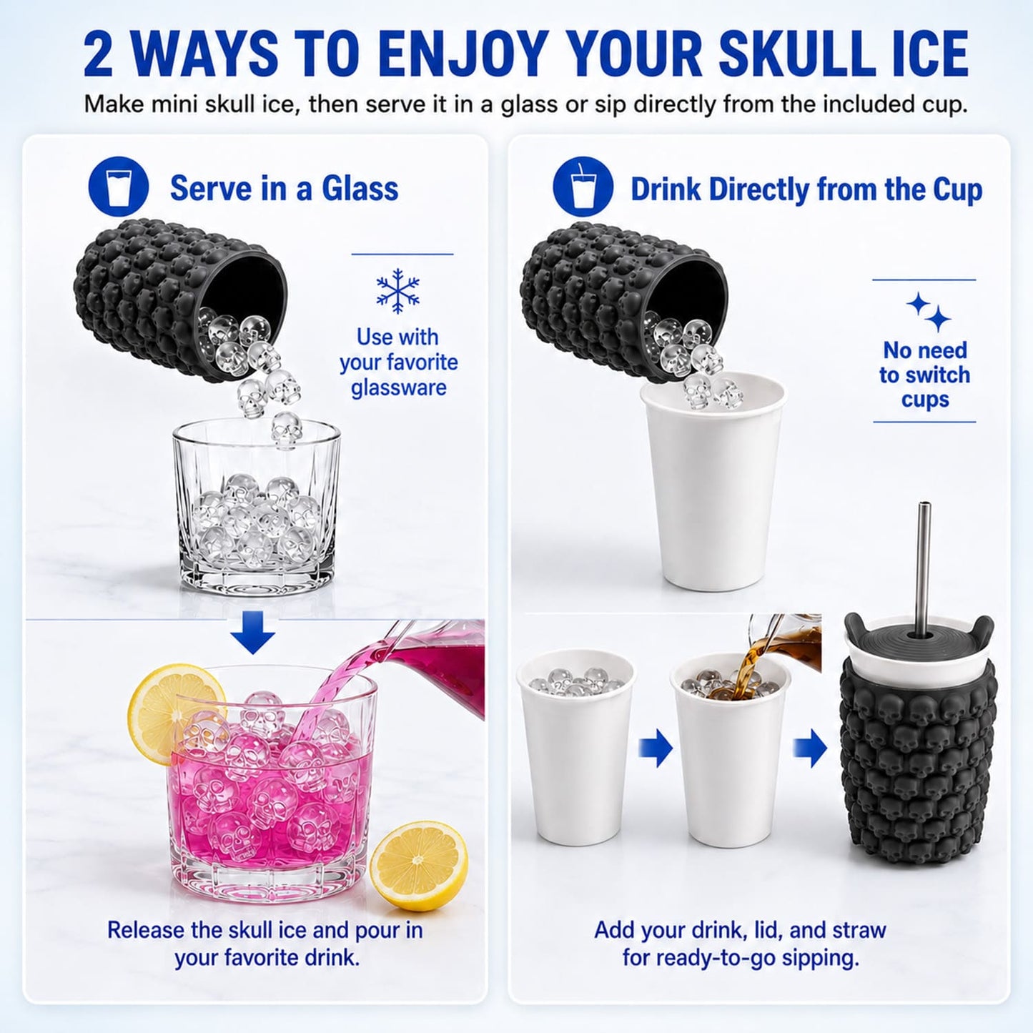 2-Pack Skull Ice Cube Mold Cup Set, 128 Mini Skull Ice Tray with Lid & Straw, Silicone Halloween Cocktail Ice Mold for Whiskey, Coffee & Party Drinks