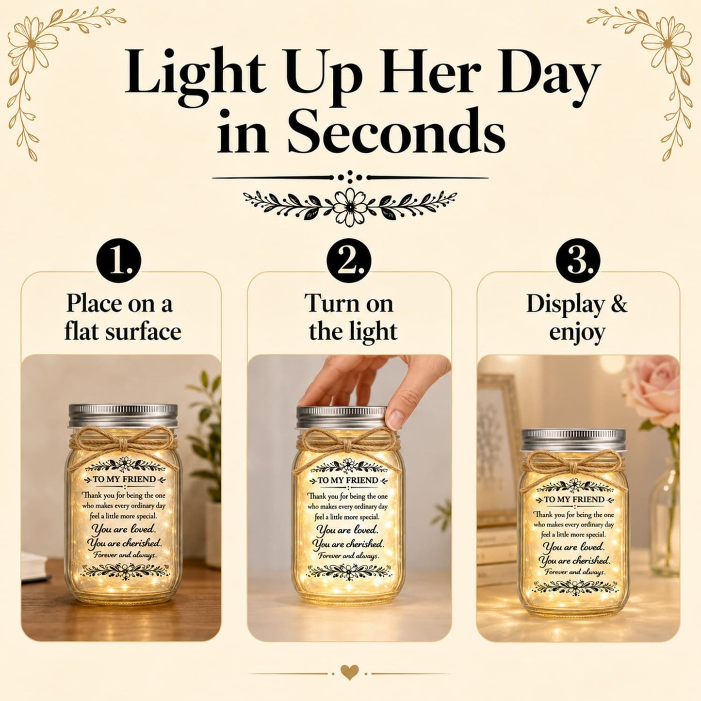 Friendship Gifts for Women, Mason Jar Night Light for Best Friend with Warm LED Fairy Lights, Inspirational Birthday Thank You Gift for Her