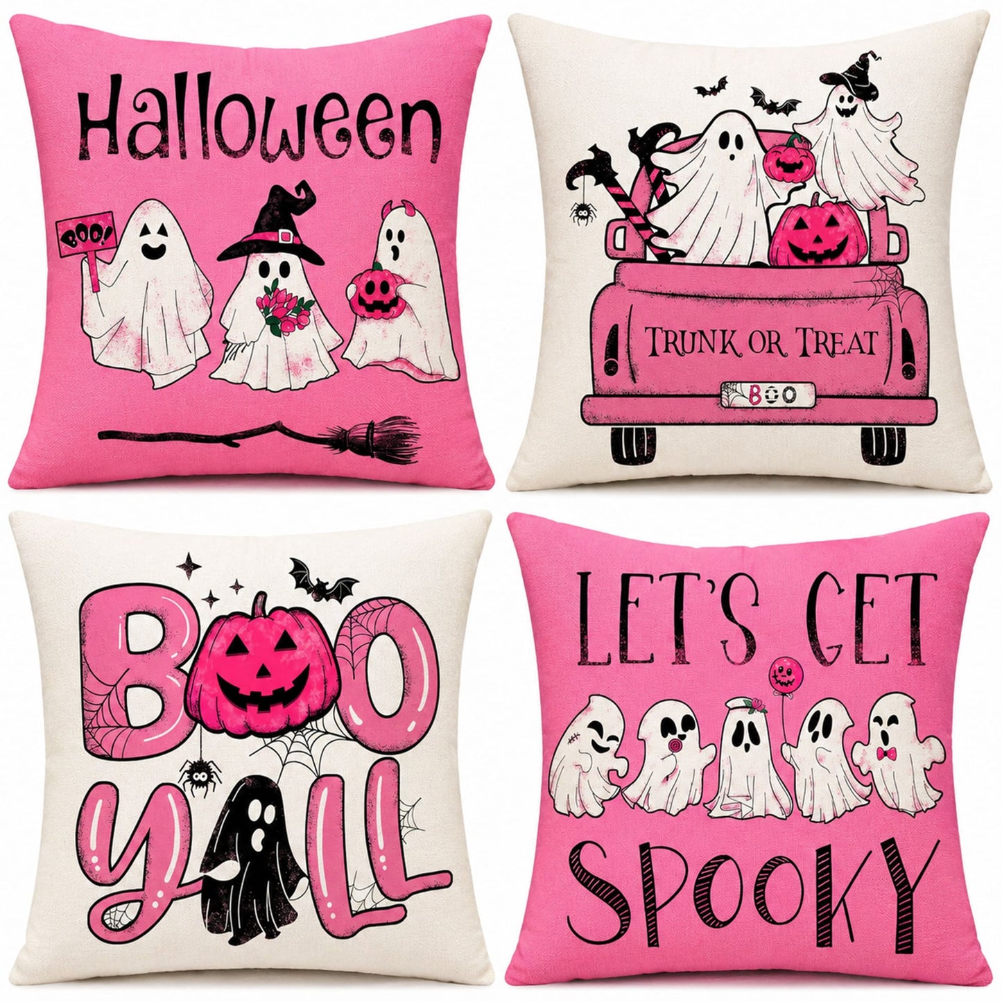 4 Pack Pink Halloween Pillow Covers 18x18, Cute Ghost Pumpkin Throw Pillow Covers for Couch Sofa, Faux Linen Halloween Decorative Cushion Covers for Living Room Bedroom Home Decor