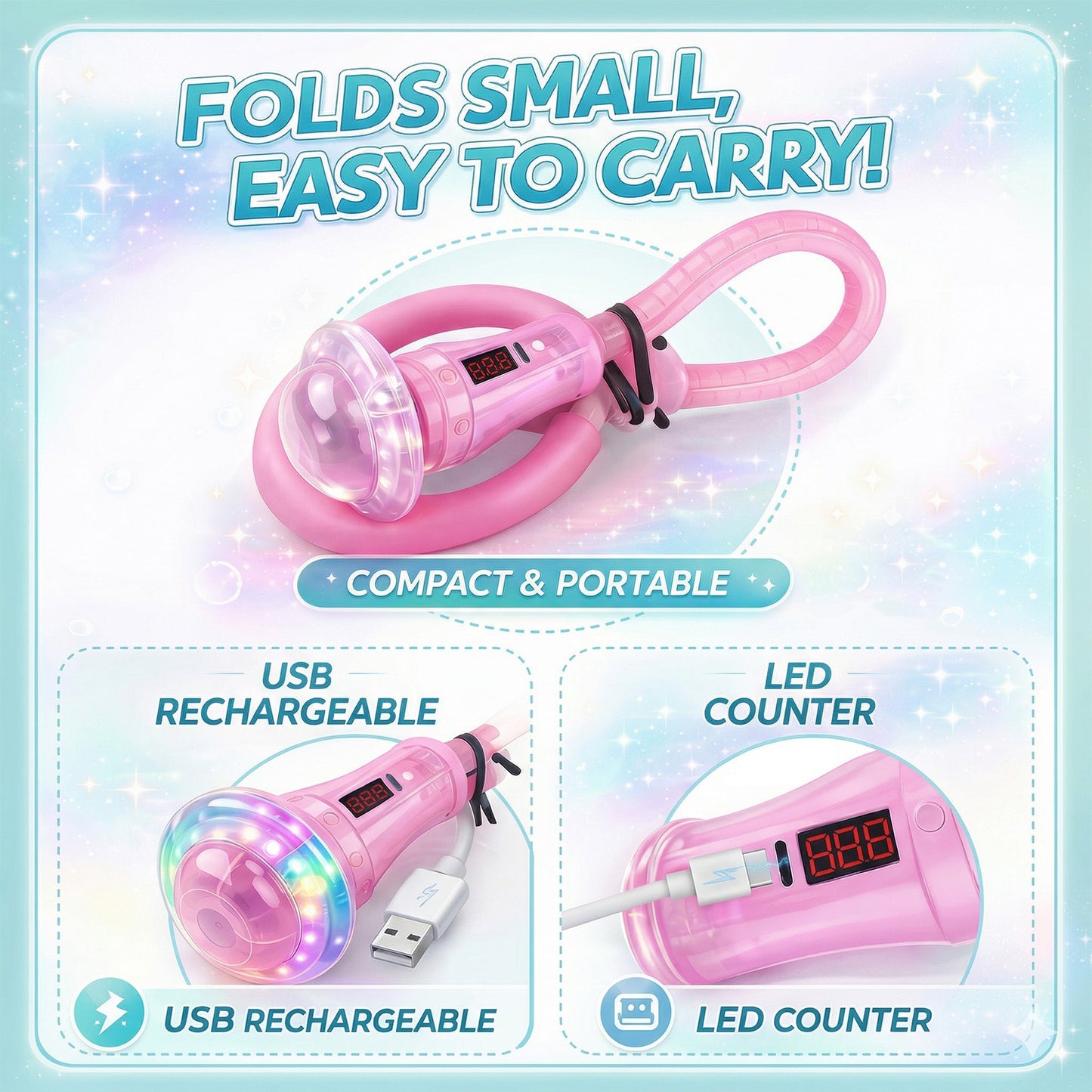 Kywib Smart Skip Ball with Bluetooth Music & LED Counter, Foldable Ankle Skip Toy for Kids, Birthday Gifts for Girls & Boys Age 5-12, Outdoor Active Game,Pink