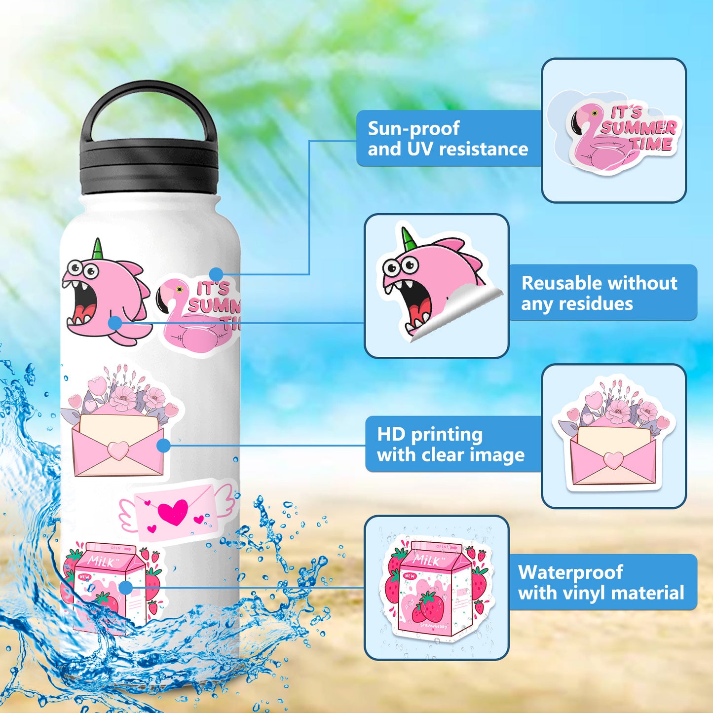 Kywib 300pcs Pink Aesthetic Vinyl Stickers, Waterproof Cute Sticker Pack for Laptop Water Bottle Luggage Skateboard, Scrapbook Journaling Party Decor