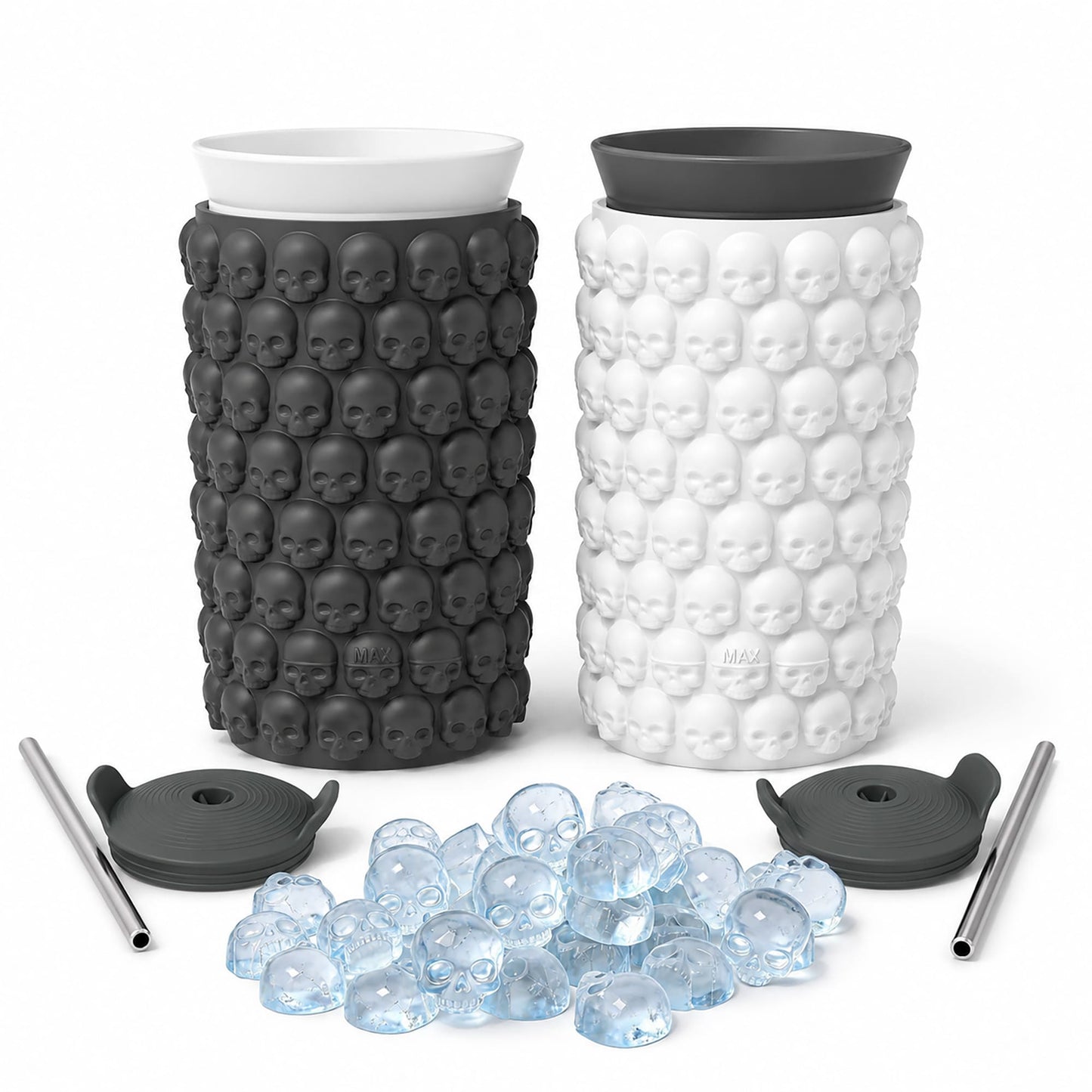 2-Pack Skull Ice Cube Mold Cup Set, 128 Mini Skull Ice Tray with Lid & Straw, Silicone Halloween Cocktail Ice Mold for Whiskey, Coffee & Party Drinks