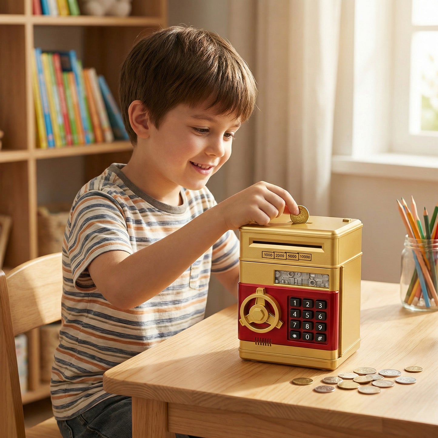 Kids Electronic Piggy Bank with Password Lock, Cash & Coins, Gold