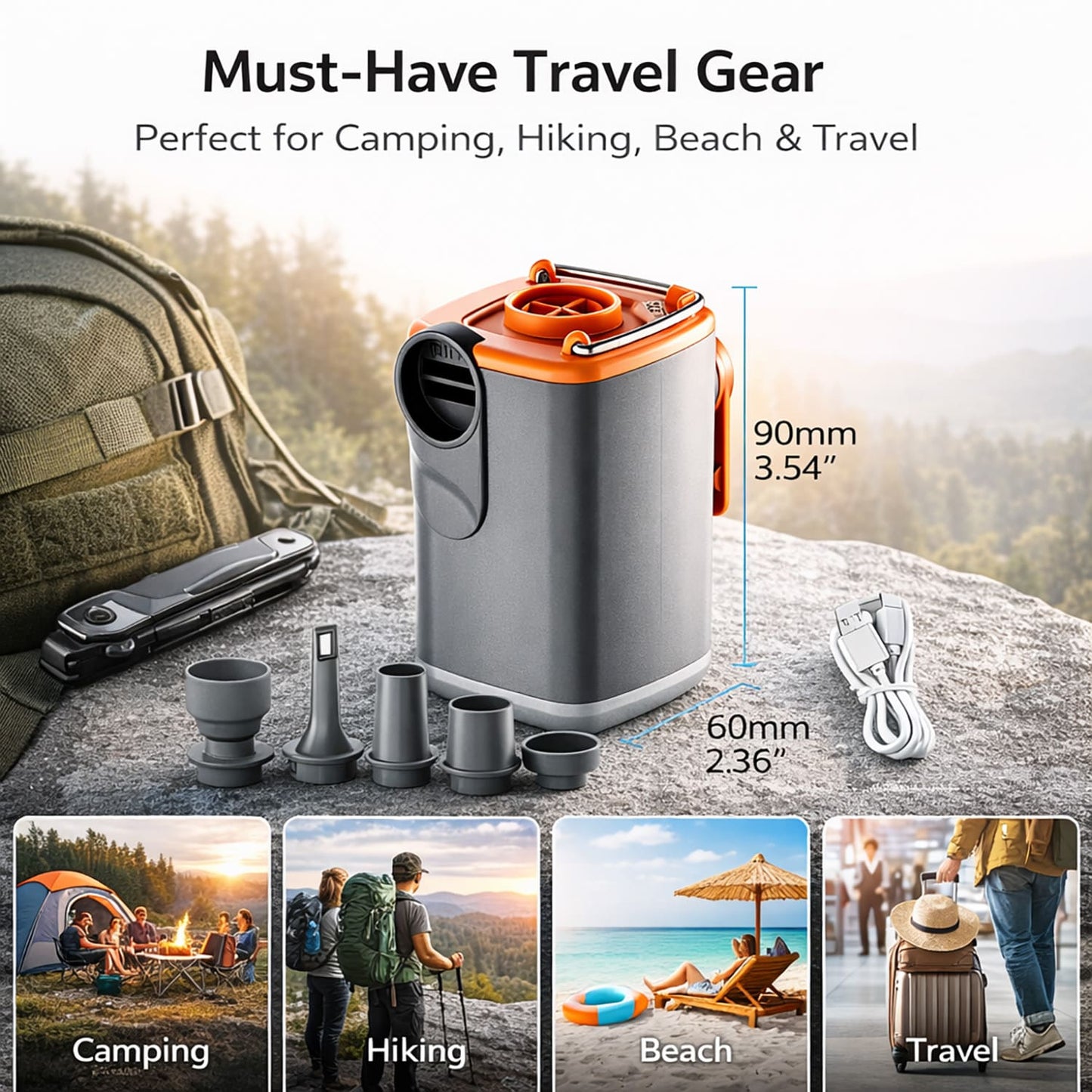 Kywib Portable Air Pump for Inflatables, USB-C Rechargeable Mini Electric Air Mattress Pump with Camping Light, 5 Nozzles to Inflate & Deflate Pool Floats, Sleeping Pads and Vacuum Bags